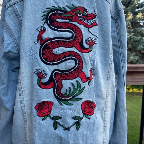 Carbon Savage Denim Jean Jacket Adult XL X-Large Embroidered Dragon Roses - Picture 12 of 14